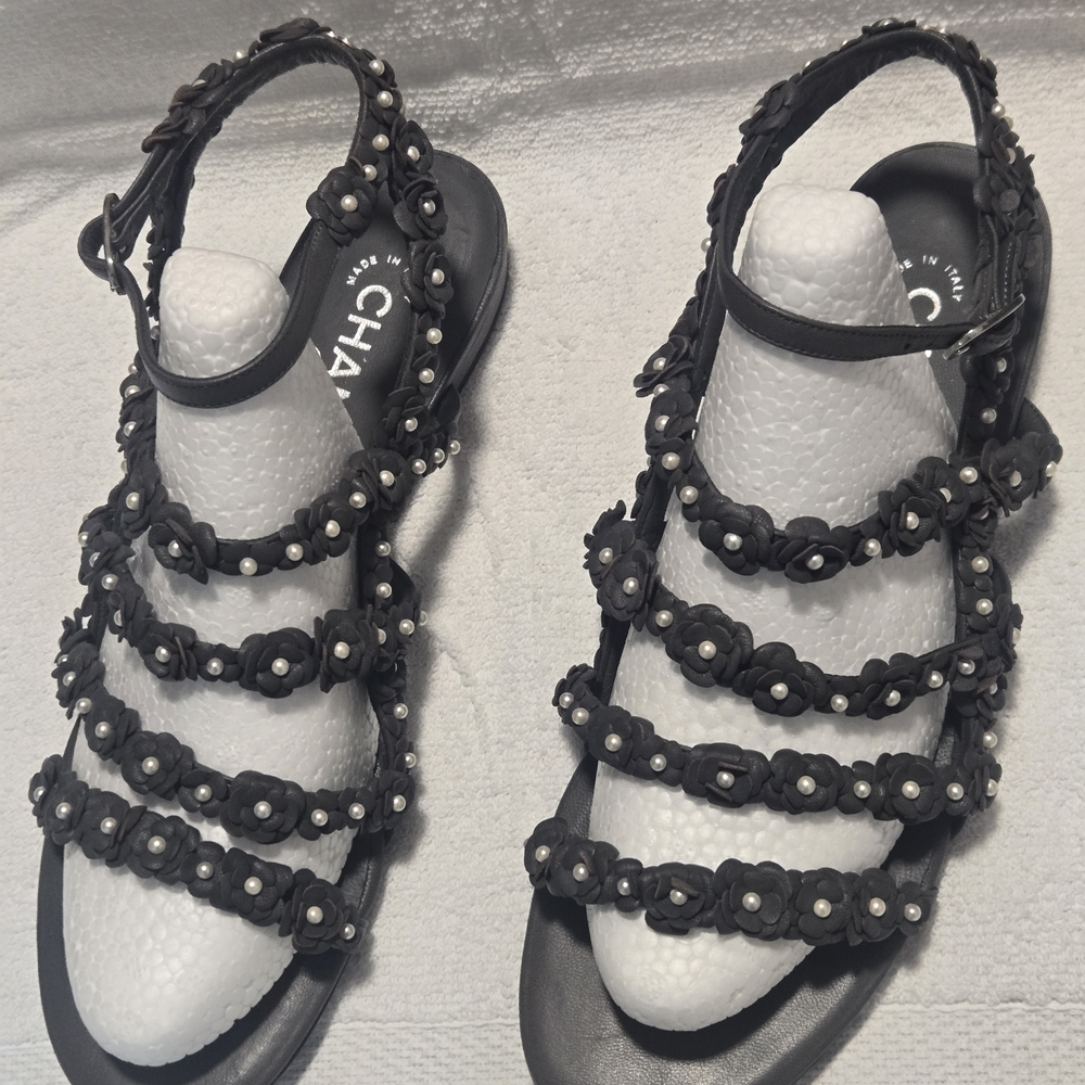 Chanel Black Strappy Floral Sandals